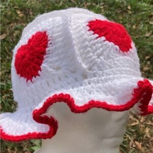 White and Red Heart Crochet Hat